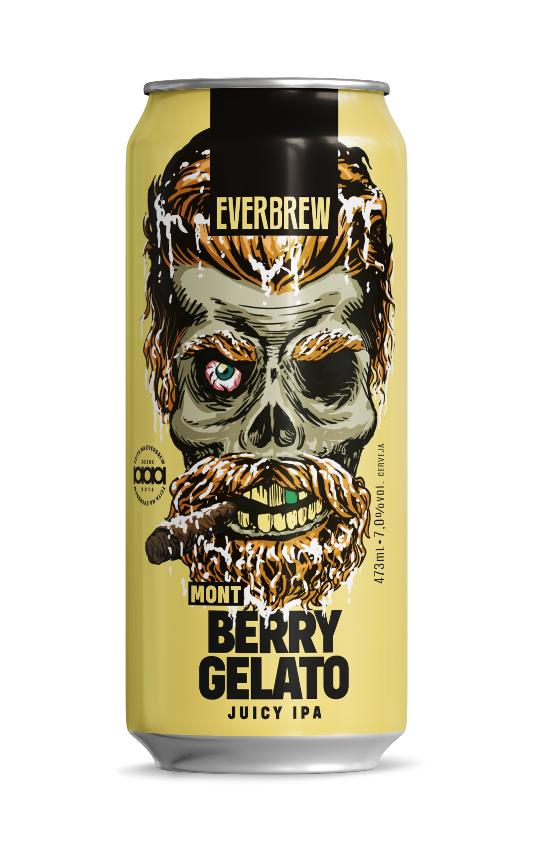 Lata com caveira desenhada da cerveja Mont Berry Gelato da Everbrew.